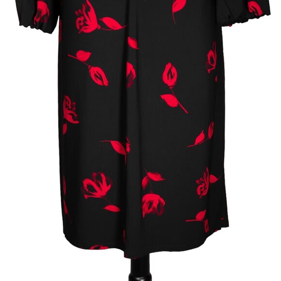 Ralph Lauren Women's Dress Black Red Floral Stretch Bell Sleeve Jersey Midi 20W - Picture 9 of 9